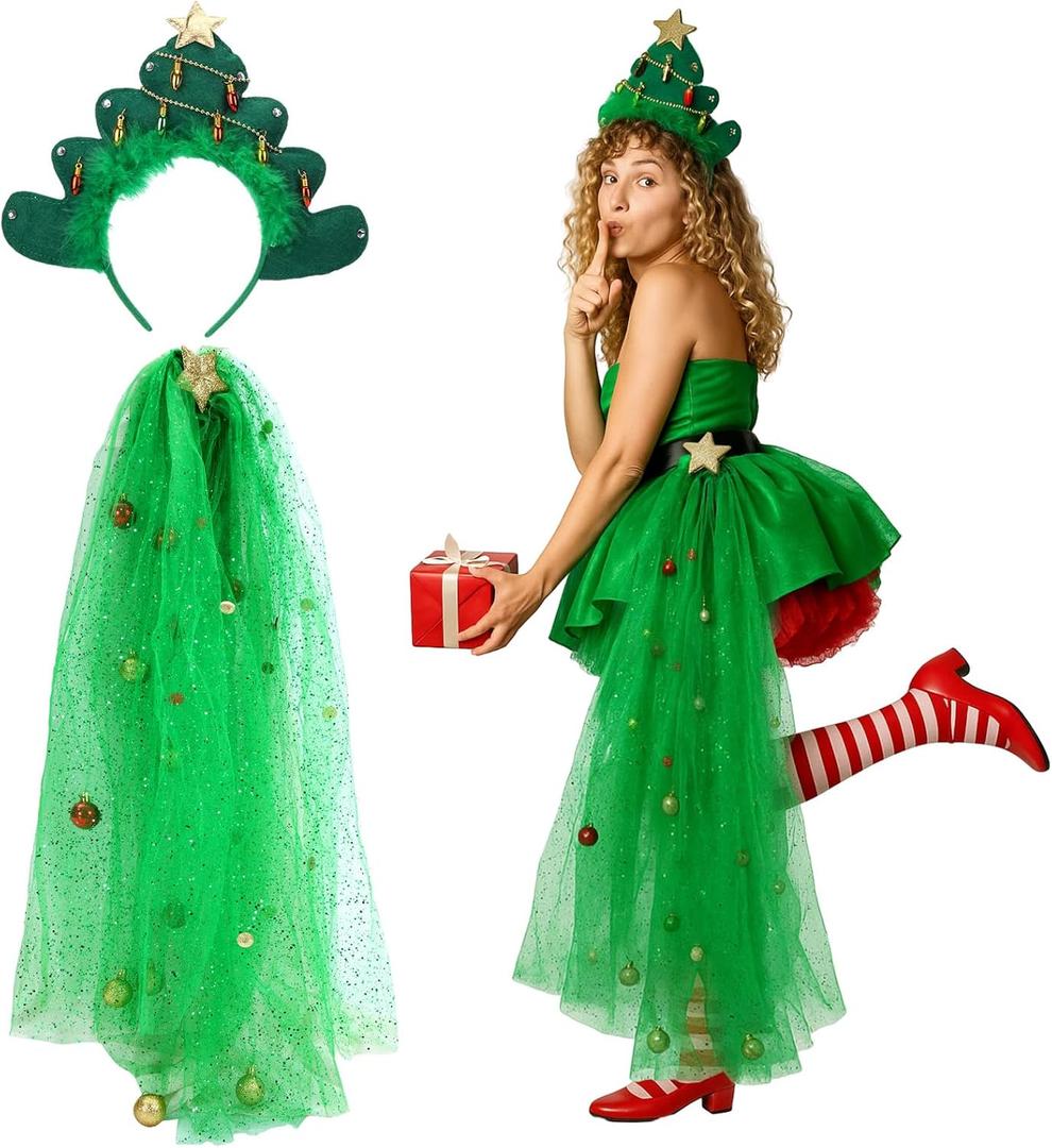 Newcotte 2 Pcs Green Christmas Tree Costume for Women Mesh Skirt Headband Festive Xmas Tree Outfit for Party Cosplay Carnival