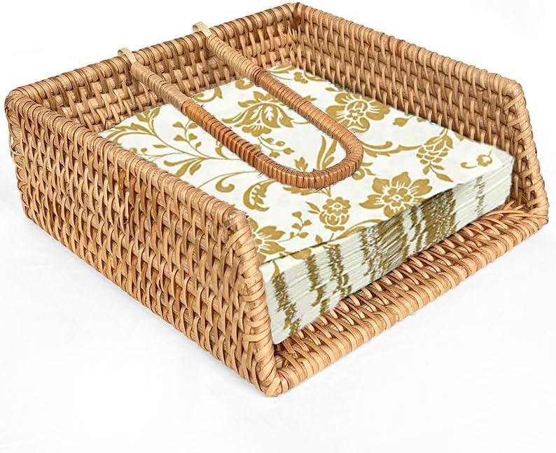 Rattan Napkin Holders Square For Kitchen And Bathroom, Guest Towel Holder Tray For Bathroom, Handcrafted Flat Napkin Holder Basket, Wicker Accessories for Home Decor, Restaurants, Cafe (7.5 x 7.5 x 2.7 inches)