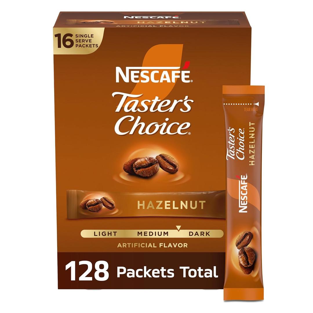 NESCAFÉ Taster's Choice, Instant Coffee Packets, Hazelnut Flavored Coffee, 8 Boxes (128 Packets) (EXP 02/28/27)