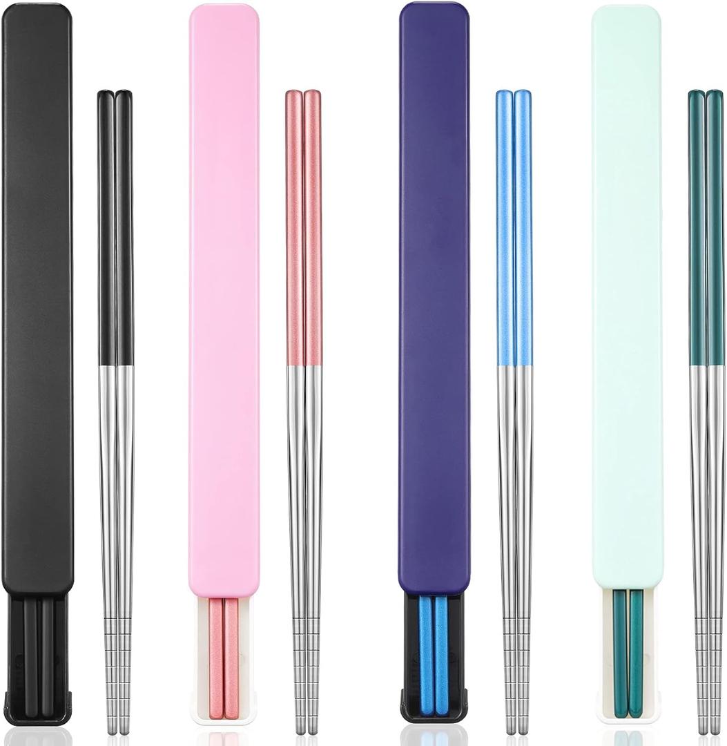 Patelai 4 Pairs Portable Chopsticks with Case Stainless Steel Chopsticks Reusable Portable Utensil for Travel, Office Lunch & Holiday Gift for Friends & Family