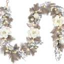 Valery Madelyn 9 Feet Pre-Lit Christmas Garland with Lights for Mantle, Lighted Outdoor Xmas Garland with White Gold Balls & Magnolia for Home Stairs Fireplace Table Centerpiece Indoor Holiday Decor