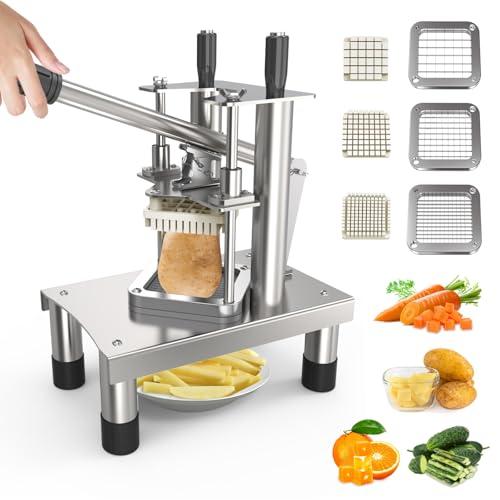 Commercial French Fry Cutter,Stainless Steel French Fries Machine,Heavy Vertical Cutter Vegetable Chopper,with 3 Replacement (1/2 Inch, 3/8 Inch and 1/4 Inch Blades),for Restaurants and Home Kitchen