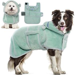 DENTRUN Dog Robes for After Bath - Super Absorbent & Fast Drying Dog Bathrobe with Adjustable Hood, Belly Strap - Warm Puppy Coat for Small Large Breeds, Bath/Beach/Swimming Quick Dry Towel Robe (Green), L