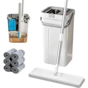 Mop and Bucket Set, Flat Mop and Bucket System with Wringer, Automatic Separates Dirty and Clean Water Include 6 Reusable Microfiber Mops for Floor Cleaning