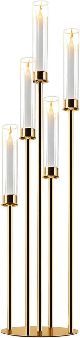 Gold Candelabra with Glass Cylinders for Real Candles 5 Arms Metal Candle Holder Wedding Event Party Home Decoration Centerpiece (1, L)