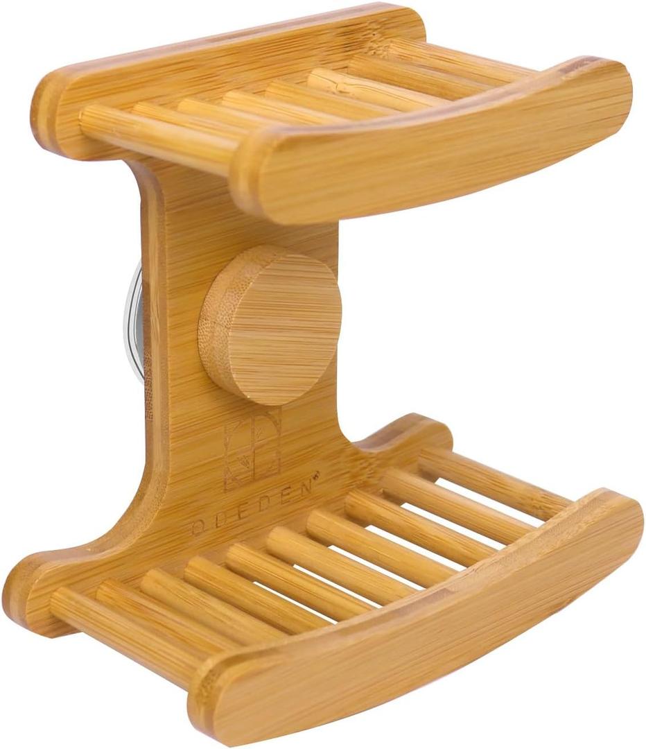 Suction Cup Soap Dish for ShowerBamboo Soap Dish Holder for Shower, Suction Cup NO-Drilling, Self Draining for BathroomNatural Bamboo Color (Double soap Holder, Rectangular)