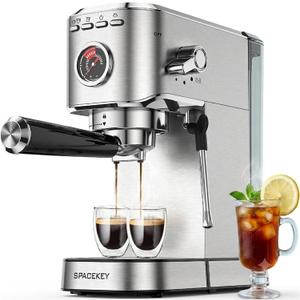 Spacekey Espresso Machine with Milk Frother, 20 Bar Compact Expresso Coffee Machines for Home, Stainless Steel Espresso Maker with 39oz Removable Water Tank for Cappuccino Latte, Fast Heating, Silver