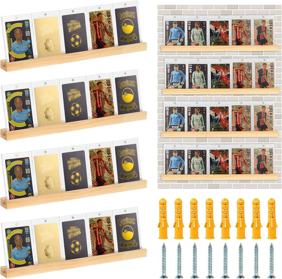 4 Pack Sports Card Display Stand Wood Trading Card Rack 15*1.2*0.7 Inch Graded Card Display Shelf Baseball Card Frame Wall Display Toploader Card Holder Display for Home Shop (No card) (Primary Color)