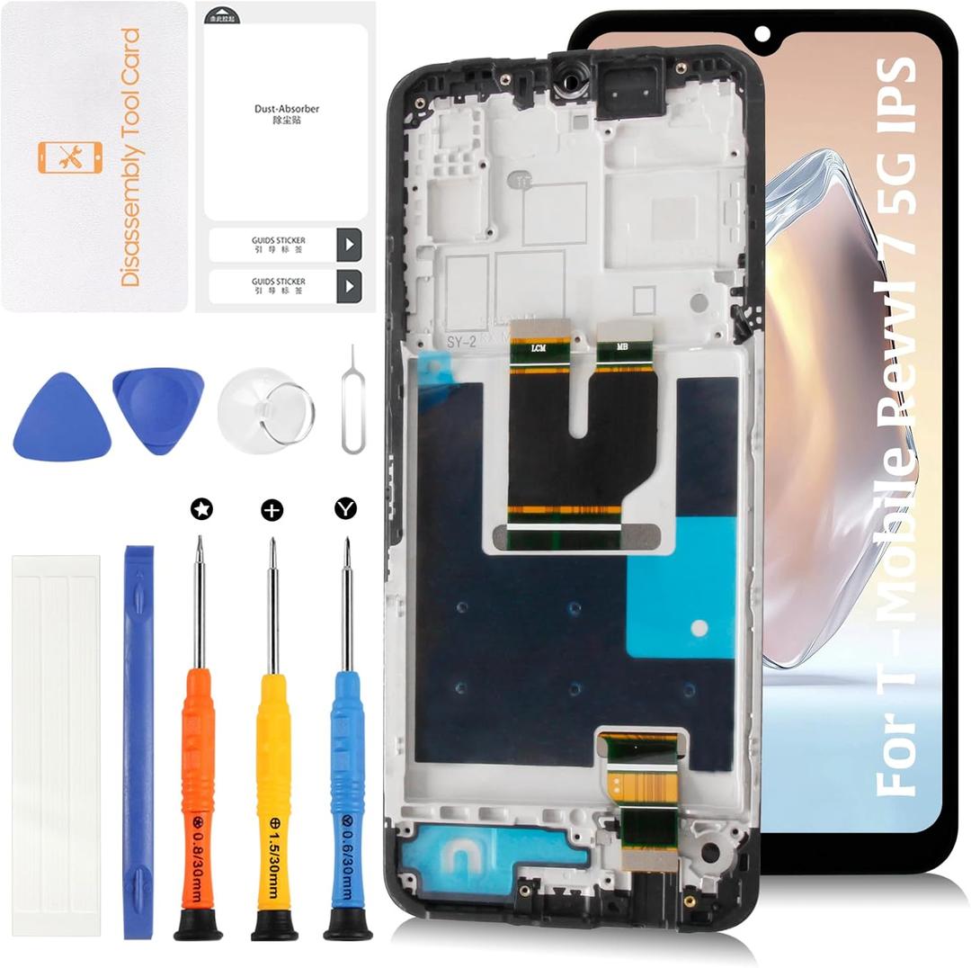 for T-Mobile Revvl 7 5G 6.58" LCD with Arctic Gray Frame Screen Replacement Revvl 7 5G TMR075G LCD Display Touch Digitizer Screen Assembly with Repair Tools