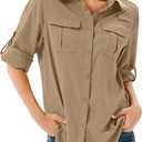 Women's UPF 50 Long Sleeve Sun Protection Safari Fish Hiking Shirts (Brown, L)