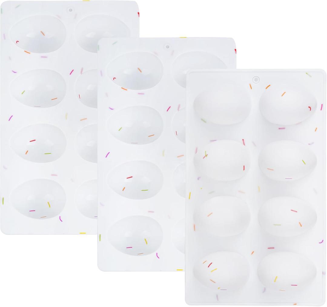 3Pcs 8-Cavity Easter Silicone Egg Molds, Egg Shaped Cake Pop Mold, Baking Supplies for Making Chocolate Jello Candy Dessert Muffin Mousse Pastry (White)