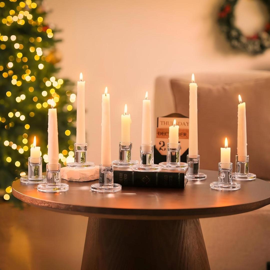 NUPTIO Glass Candle Stick Holder: Set of 10 Clear Small Taper Candlestick Holders for Tapered Candles Bulk Crystal Short Tapers Candlesticks Candleholder for Dining Table Fireplace Mantle Decor
