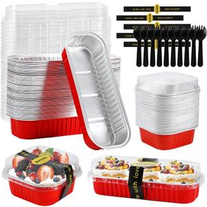 100 Pack Red Mini Aluminum Foil Loaf Pans with Lids 50Pcs 6.8oz and50Pcs 10oz, Spoons & Sealing Stickers Included Ideal for Baking, Storage & Gifting Dessert (100PCS RED)