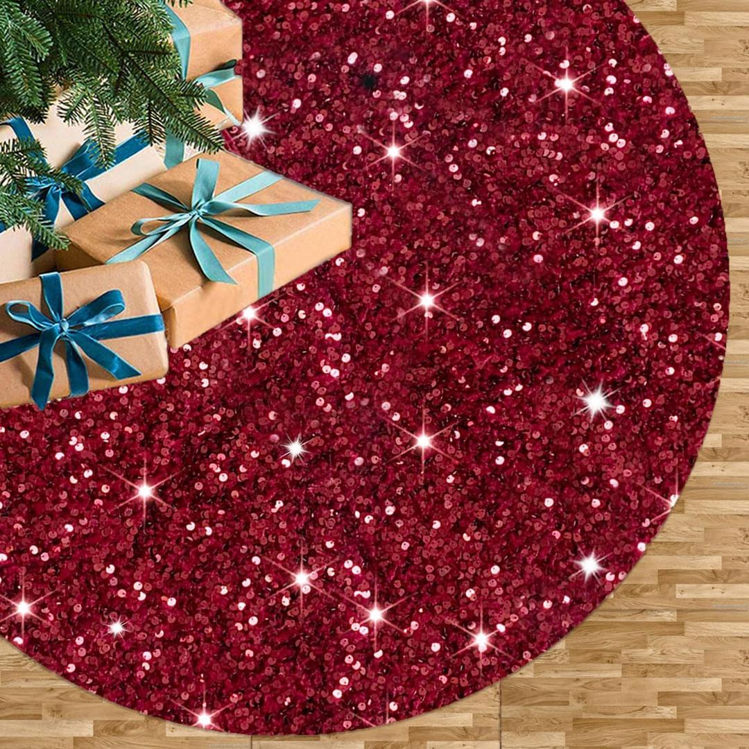 Christmas Tree Skirt Burgundy Velvet Tree Skirt Small Sequined Tree Skirts 21 Inch Mini Sequin Glitter Tree Cover Mats Metallic Tree Ornaments for Silm Tree Maroon Skirt Tree Burgundy Christmas Decor