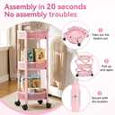 TOOLF 3-Tier Foldable Metal Storage Rolling Cart, Collapsible Utility Cart, No Assemble, Multifunction Organizer Trolley with Lockable Wheels for Kitchen, Living Room, Bathroom, Pink