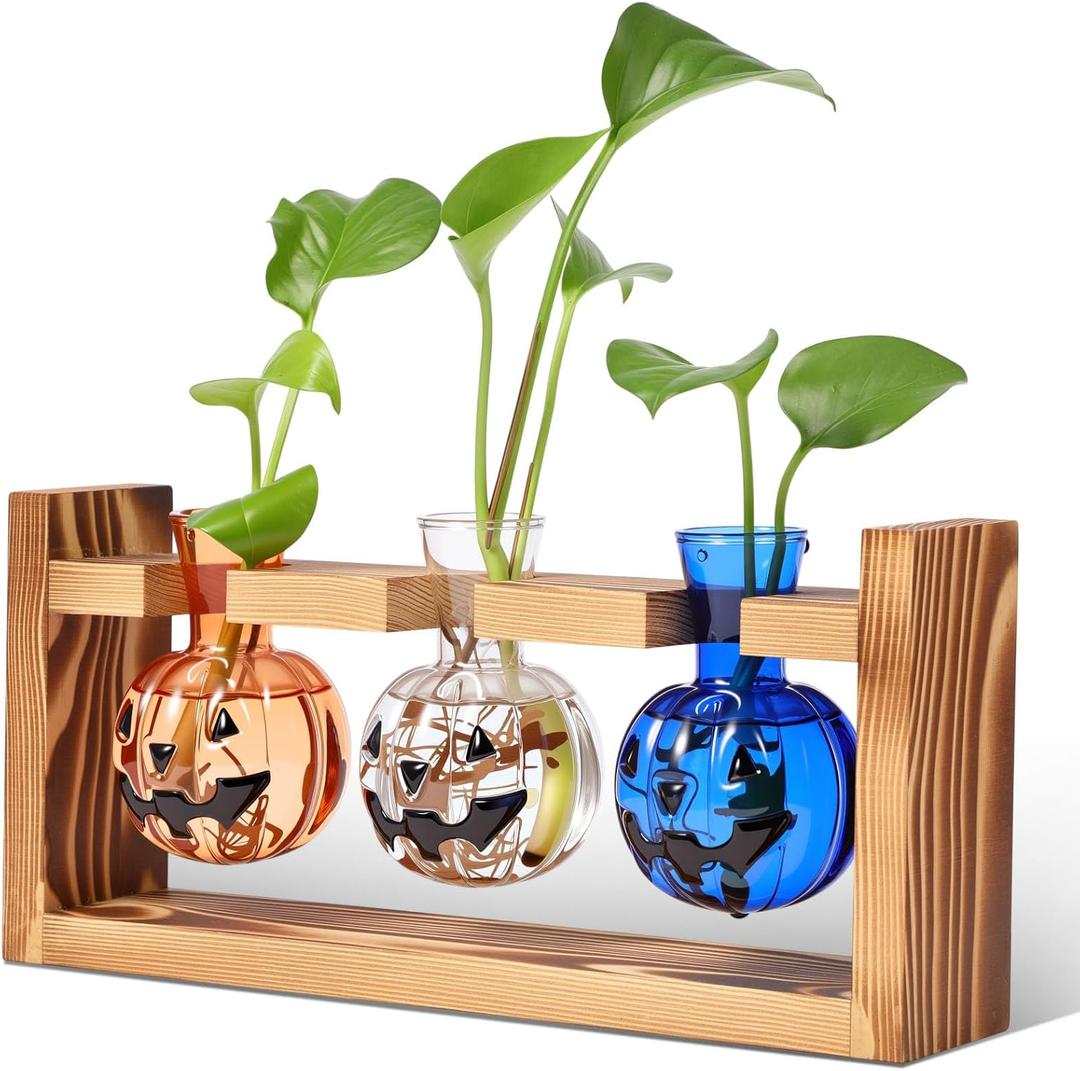 Mimorou Plant Propagation Stations Plant Terrarium with Wooden Stand Hydroponics Glass Vase Planter for Home Office Garden Table Decoration(Pumpkin)