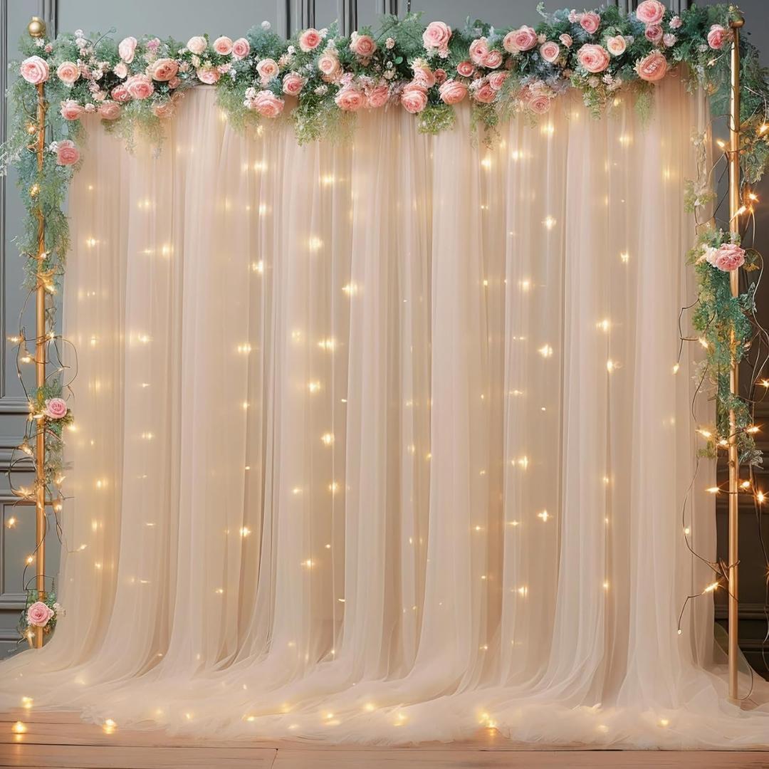 10x10ft Champagne Tulle Backdrop Curtain with Lights String for Parties, Sheer Backdrop Curtains for Wedding Baby Shower Birthday Party Photo Shoot Decorations (10ft X 10ft(2 Panels 5*10ft))