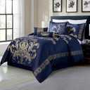 Chezmoi Collection 7-Piece Jacquard Floral Comforter Set (King, Navy/Gold)