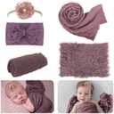 5 PCS Newborn Photography Wrap Props Kit, Newborn Photo Props Mat Long Ripple Wraps DIY Blanket with Headbands, Purple Toddler Baby Photoshoot Props Set for Infant Boys and Girls(0-12 Months)