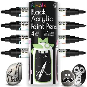 2 x 4 Black Acrylic Paint Marker Pens, Dual Fine Tip & Medium Point | Black Fabric Marker & Acrylic Pens for Wood, Rock Painting, Canvas, Plastic, Glass, Tire and Shoes - for Kids & Adults