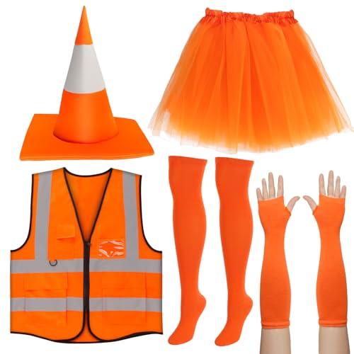 Kyson Traffic Cone Costume for Women 5 Pcs Orange Construction Cone Hat Vest Tutu Socks Arm Warmer Set for Halloween Party (Set A, Medium)