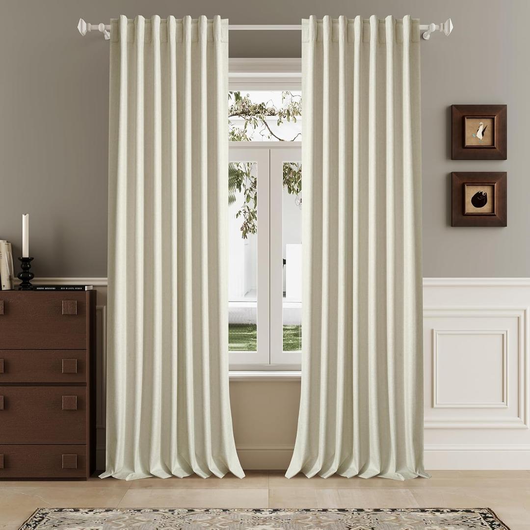 96 Inch Long Blackout Curtains - Extra Wide Thermal Insulated Sun Block Out Bedroom Linen Curtains 8 ft Window Covering Back Tab Rod Pocket Drapes for Hall Living Room W84 x L96,2 Pcs, Cream Beige