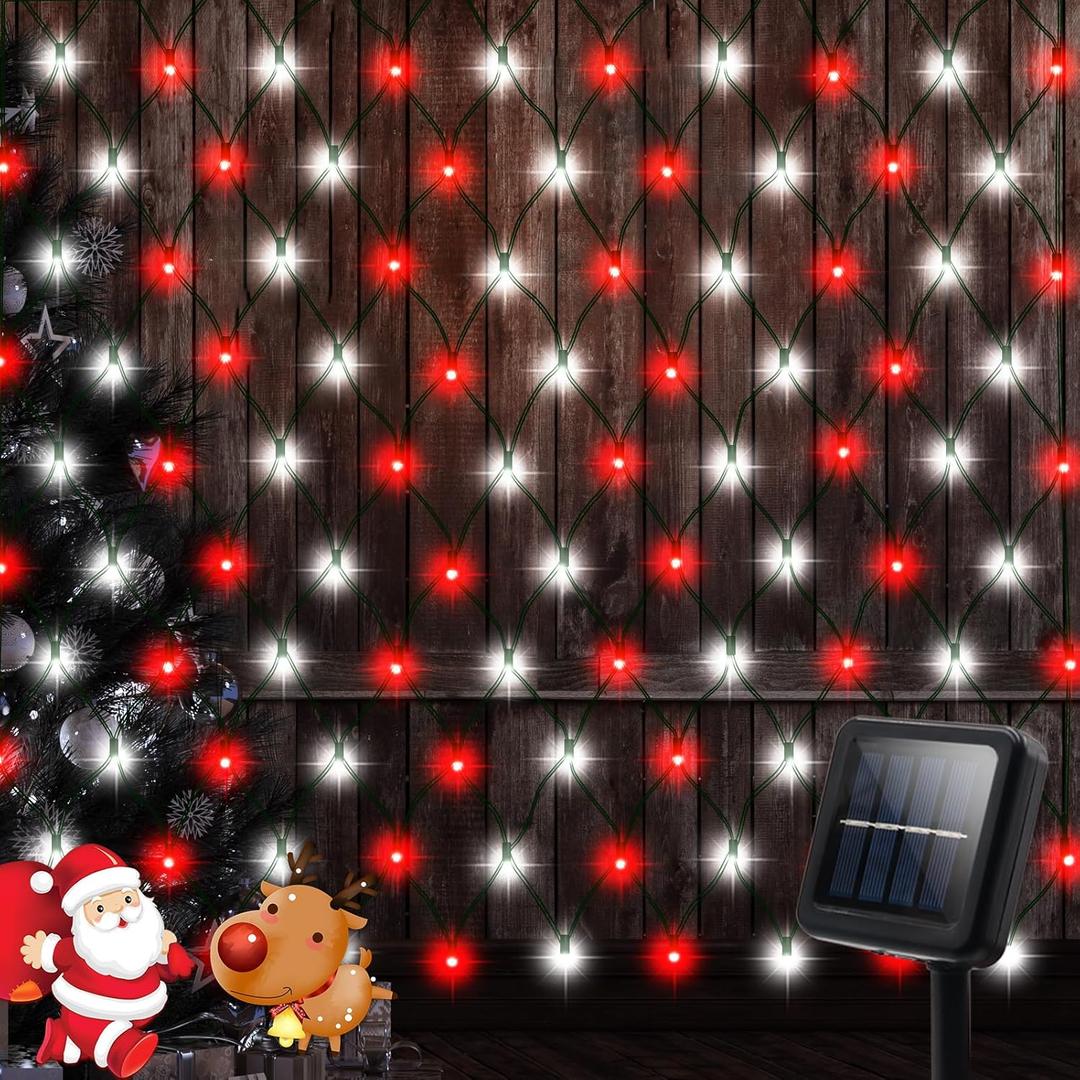 DBFAIRY Red White Solar Powered LED Net Lights 5Ft x 5Ft,100 LEDs Christmas Bush Net Lights Solar Outdoor Mesh Light with 8 Modes Waterproof for for Bushes Fence Garden Shrubs Decoration