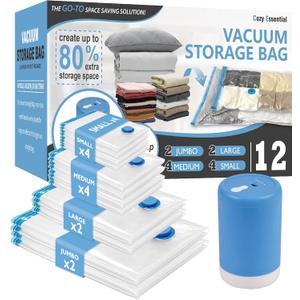 12 Pack Travel Vacuum Storage Bags with Portable Electric Pump, Vacuum Seal Space Saver Bags for Clothing, Vacuum Travel Bags for Luggage (12 Combo-E)