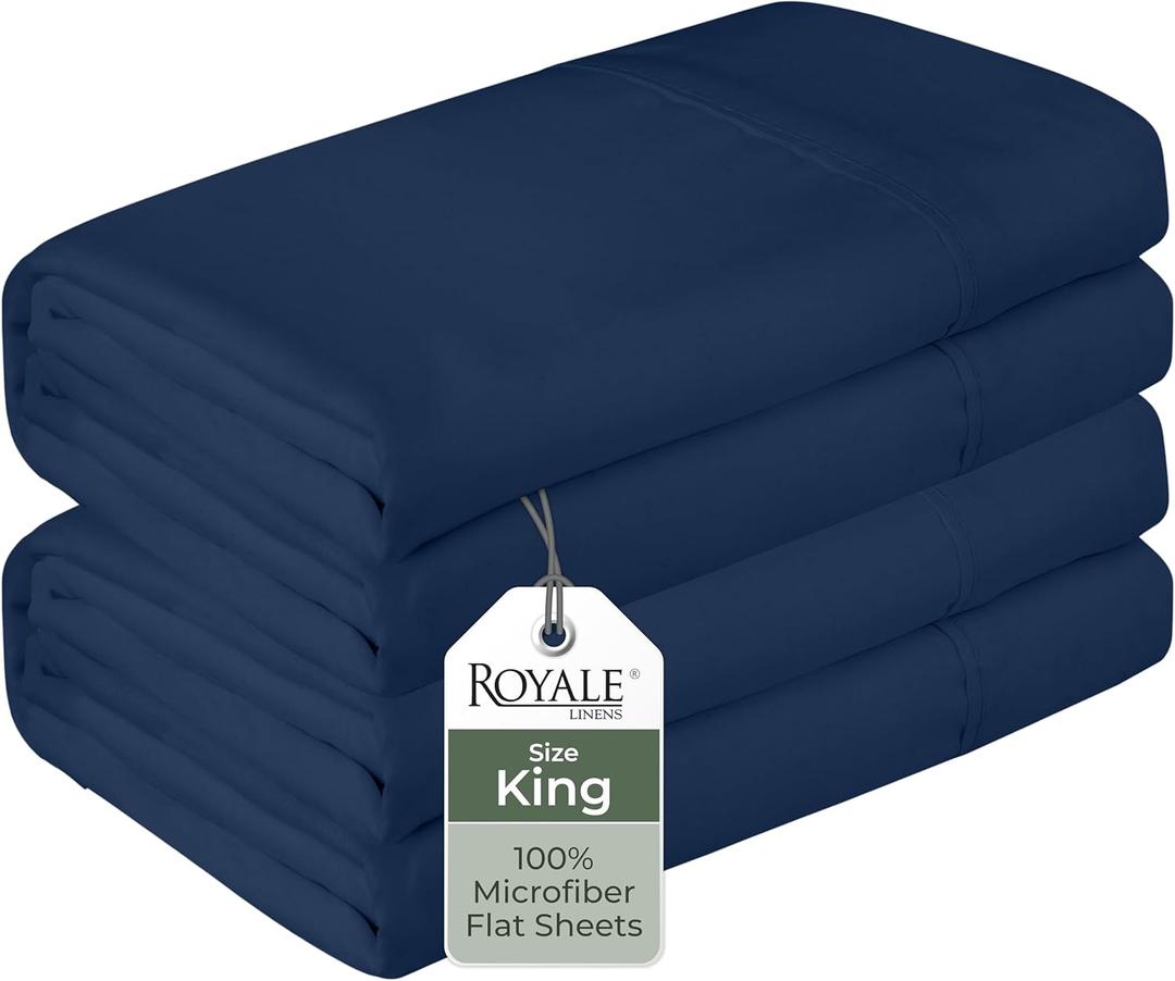 Royale Linens 2 Pack Bulk Flat Sheet Set - Top Sheets - Soft 1800 Microfiber - Wrinkle & Stain Resistant - for Hotel, Massage Table, Hospital, Dorm - King Flat Sheet Sold Separately (King, Navy)