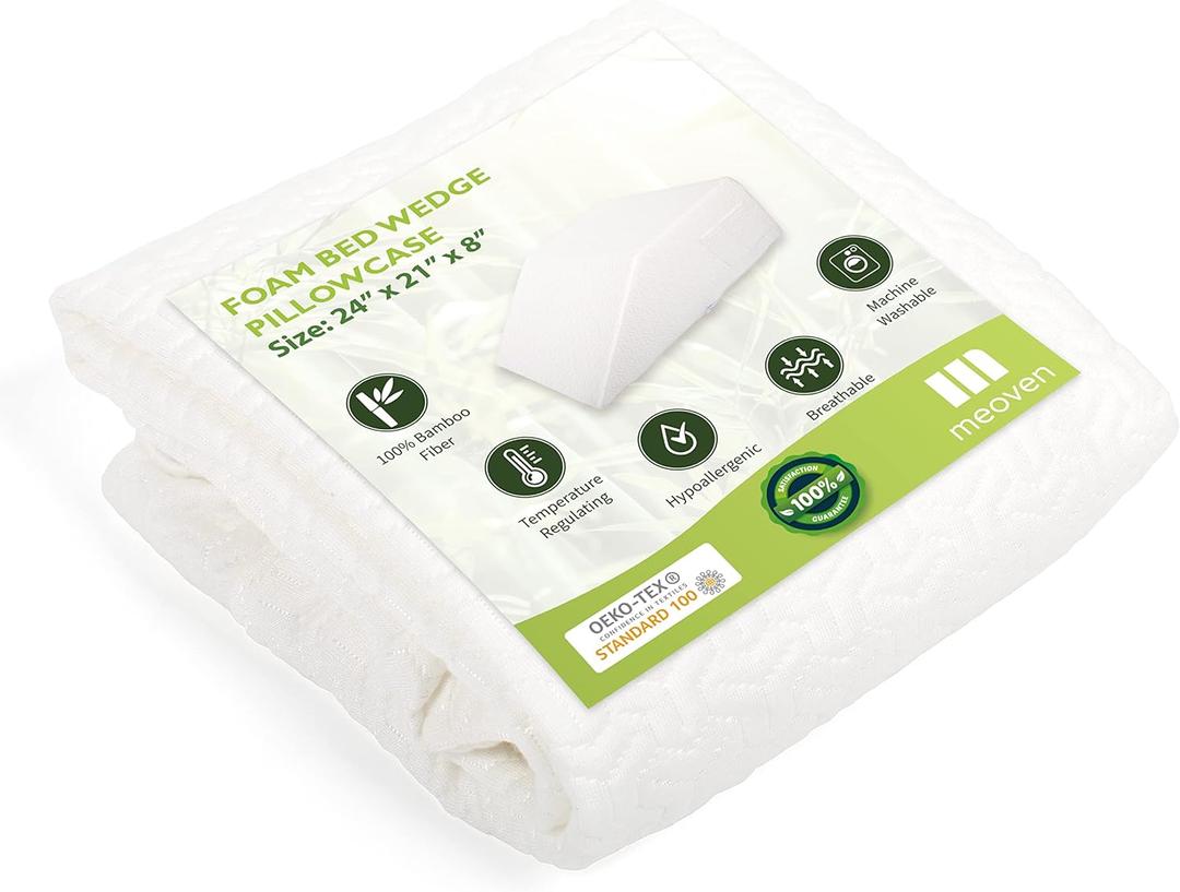 Wedge Pillow Cover for 24x21x8 Leg Elevation Cushion, Knee Pillow Cover, Hypoallergenic Replacement Pillowcase with Zipper & Pockets (White)