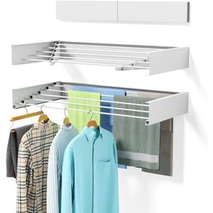 Laundry Drying Rack Collapsible, Wall Mounted, Clothes Drying Rack, 31.5" Wide, 13.2 Linear Ft, 5 Aluminum Rods, 60 lb Capacity, Laundry Racks for Drying Clothes with Wall Template(White 31.5" )