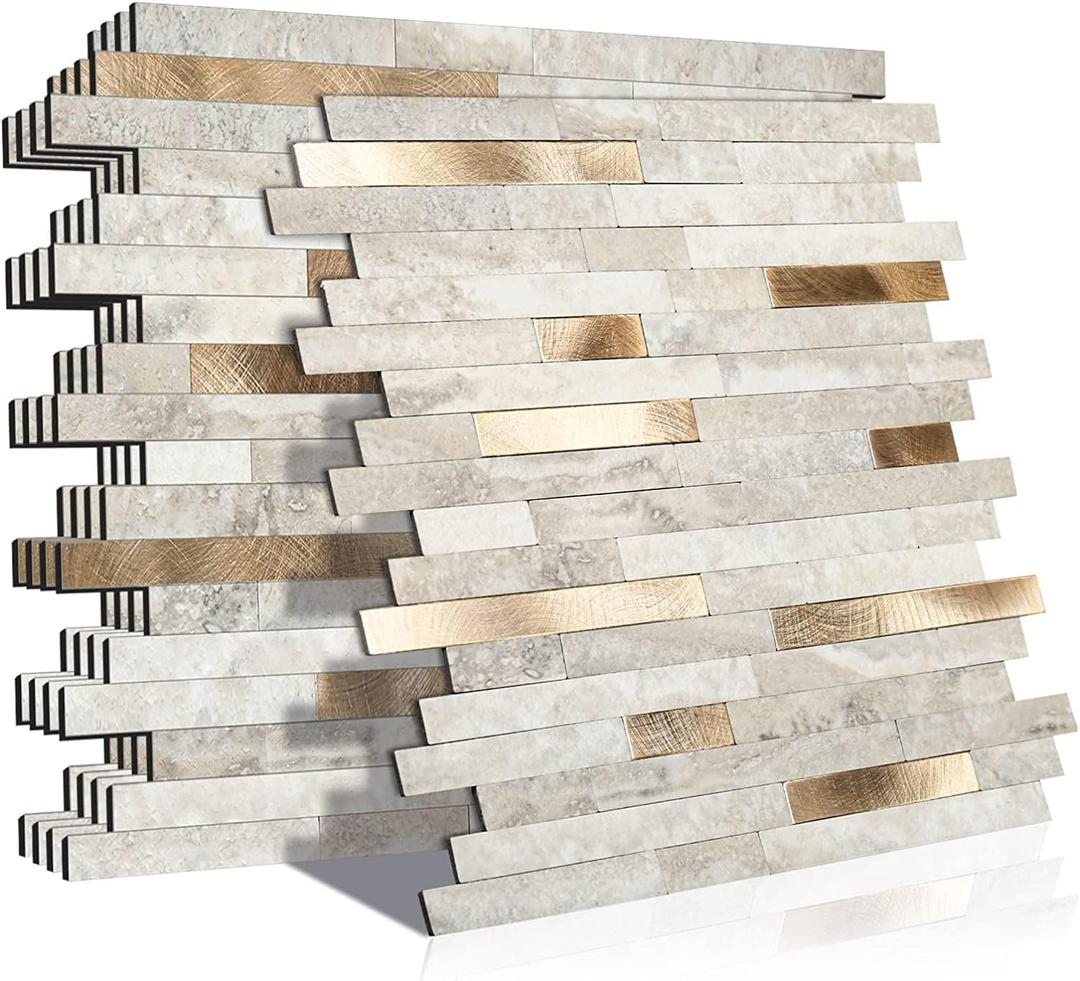 KASARO 10-Sheet Peel and Stick Marble Tiles for Kitchen, Marble Beige with Vintage Golden Embellished Stripes, Self-Adhesive Aluminum Wall Backsplash Stick on Bathroom, Fireplace, RV