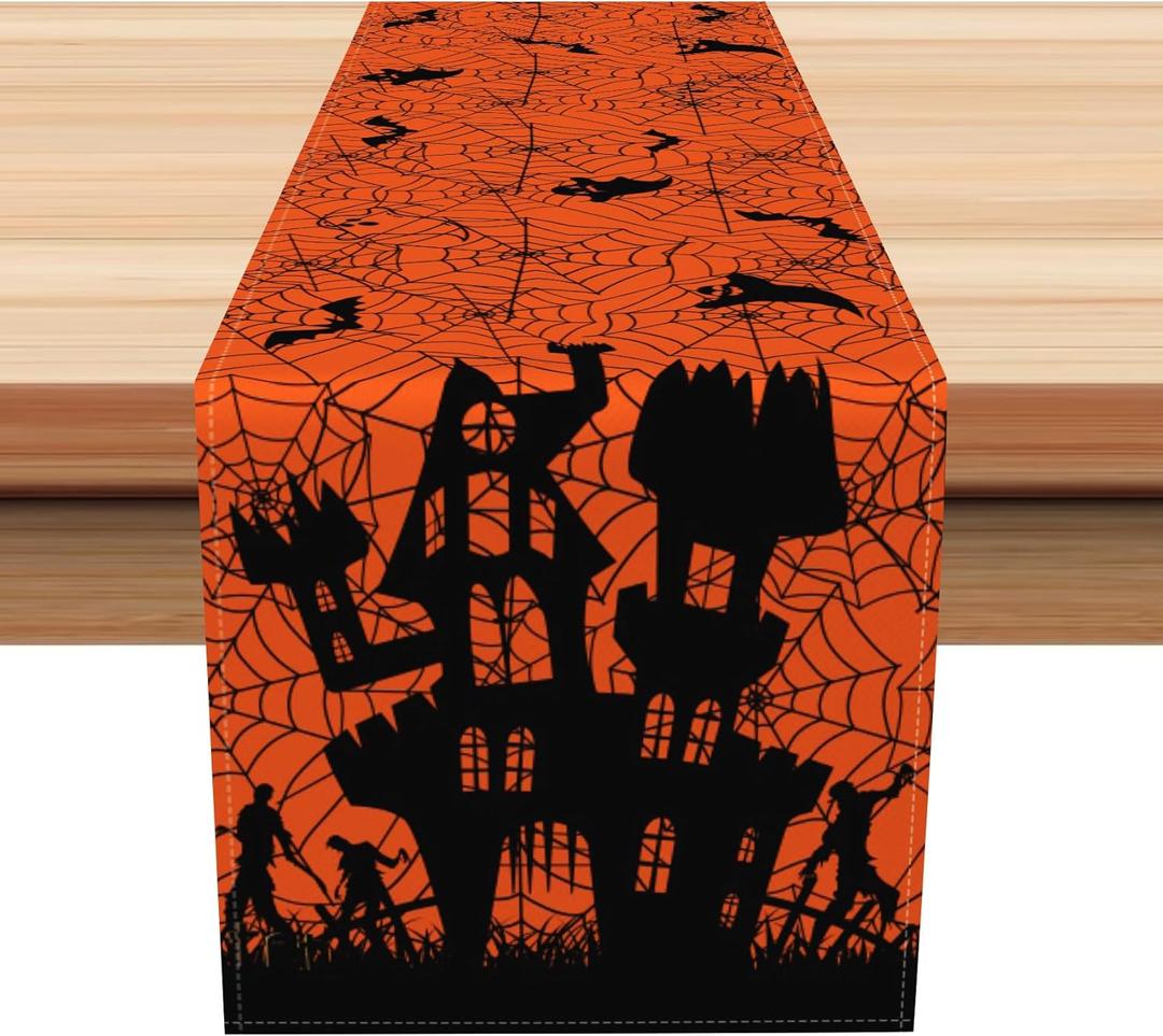 Halloween Haunted House Table Runner,Rustic Farmhouse Kitchen Dining Table Decor,Zombies Halloween Linen Dining Table Decoration Indoor Outdoor Trick or Treat Party Supplies 13x72Inch, JY00479