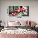 SLYCAY Large Pink Flowers Canvas Wall Art Prints, Vintage Floral Country Windowsill Scenes Painting Still life Relaxing Spiritual Pleasant Inspiration Aesthetic Wall Decor Living Room Office 20"X40"