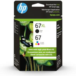 HP Original 67 Tri-Color / 67XL Black Ink Cartridges (2-Pack) | Works DeskJet 1255, 2700, 4100 Series Envy 6000, 6400 Series | Eligible for Instant Ink | 3YP30AN