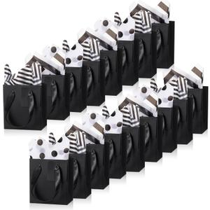 Tenare 12 Pcs Small Gift Bags Mini Paper Bags Bulk Tiny with Handle Tissue for Jewelry Gift Wrapping Happy Mother's Father's Day Birthday Graduation Party Supply(4 * 2.75 * 4.5inch,Black)