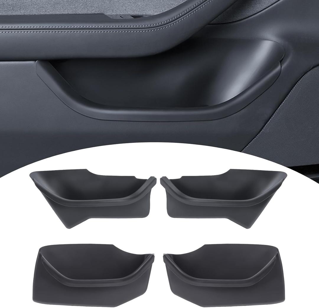 PUOENI New 2025 2026 Model Y Juniper Door Side Organizer (Emergency Button Safety) 4PCS Full-Cover TPE Front and Rear Door Side Storage Box for Refresh Model Y Juniper Interior Accessories