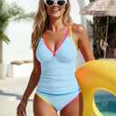 Blooming Jelly Womens Tummy Control Tankini Swimsuits Color Block Bathing Suit V Neck Two Piece Swimwear with Shorts (Blue, L)