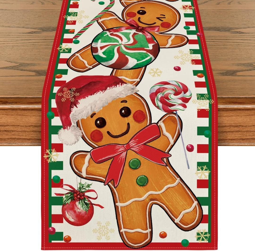 Artoid Mode Gingerbread Candy Cane Christmas Table Runner, Seasonal Winter Kitchen Dining Table Decoration for Home Party Decor 13x90 Inch (Red)