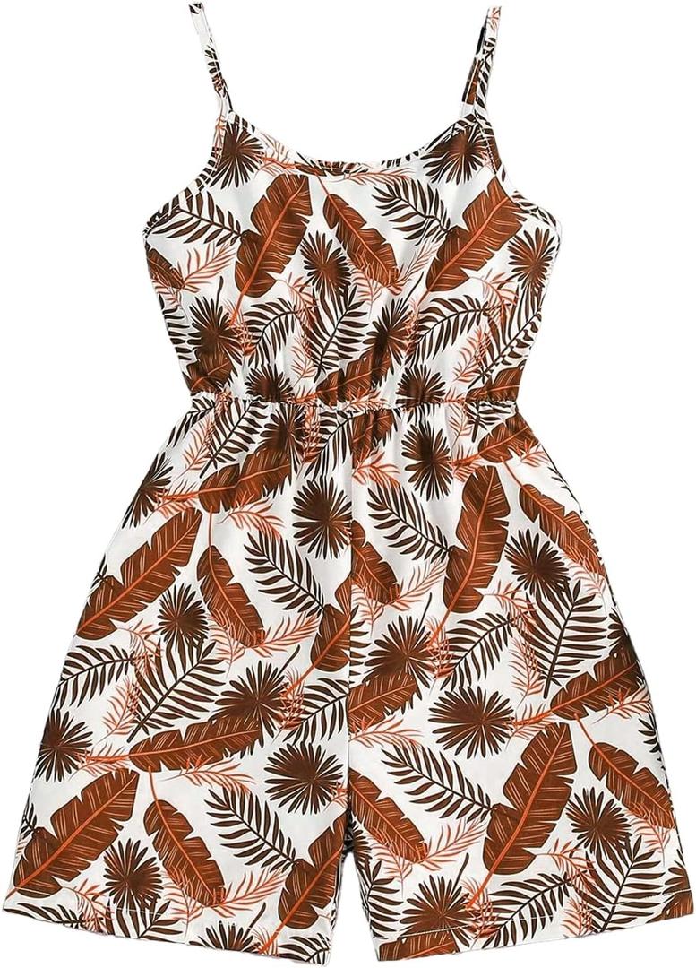 Girl's Cami Short Dress, Sleeveless Print Outfits Summer tropical romper for kids 4-12t (Brown)