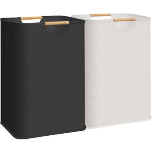 STORAGE MANIAC 2-Pack Large Laundry Hamper, 80L (21.1 Gal) Collapsible Laundry Basket with Bamboo Handles, Freestanding Waterproof Clothes Hamper for Bedroom, Dorm, Towels, Toys, Black+White