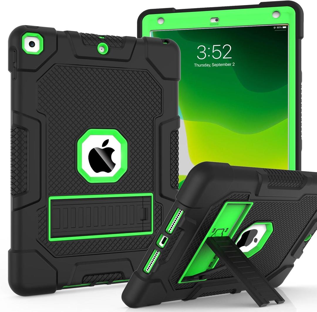 TIMISM 3-Layer Protective Case for iPad 9th/8th/7th Generation 10.2 Inch (2021-2019) | Built-in Kickstand, Military-Grade Drop Protection, Eye-Friendly Green Cover & Enhanced Grip, Black+Green (#01 Black+Green)