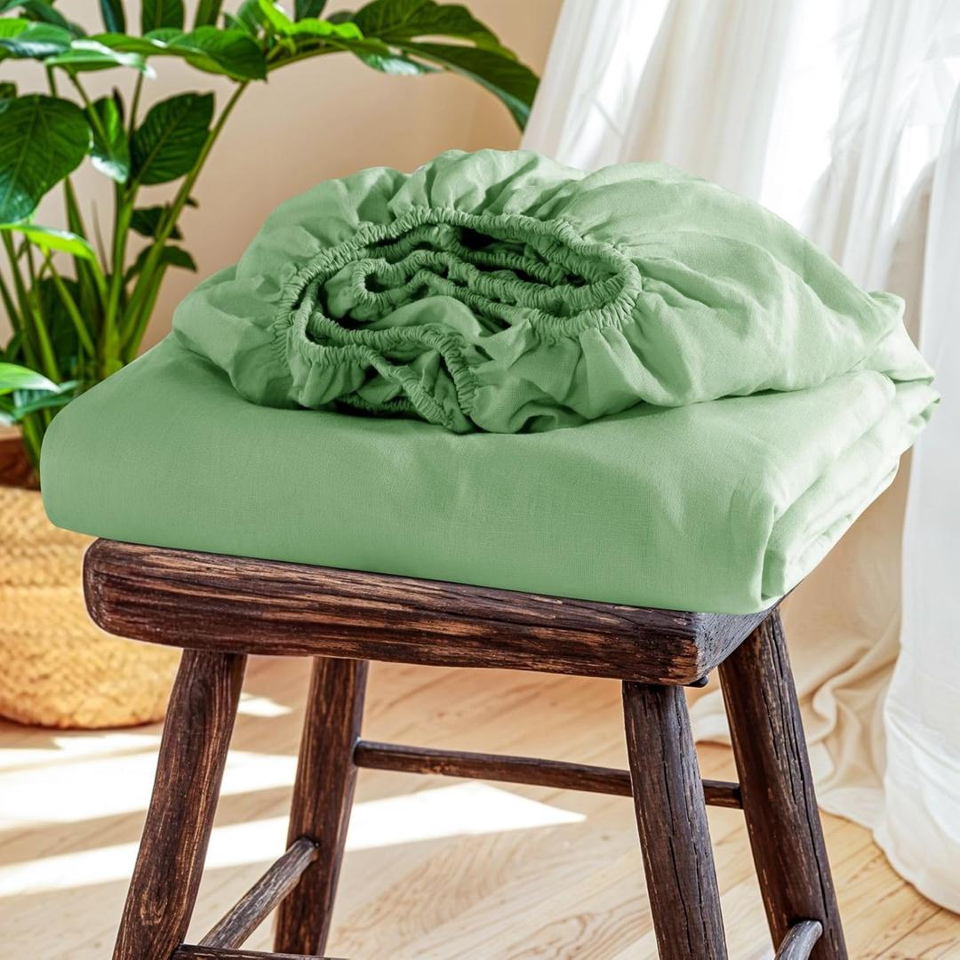 SONORO KATE 100% French Linen Fitted Sheet (1 Piece) - Stone Washed Natural Linen Mattress Cover, 16 Inch Deep Pocket, Ultra Soft, Breathable, Durable for Hot Sleepers (Green,Queen)