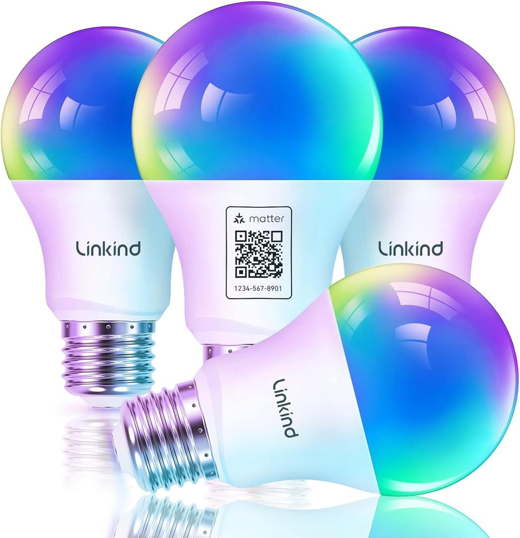 Linkind Matter Smart Light Bulb, Smart Bulbs Work with Apple Home, Siri, Alexa, Google, SmartThings, LED RGBTW Color Changing Bulbs Music Sync,A19 E26 60W 800LM, 2.4GHz WiFi Only, 4 Pack