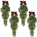 Thiccywoov 4 Pack Christmas Teardrop Swags with Velvet Bow 20 Inch Rustic Pine Greenery with Pine Cones Hanging Teardrop Swag for Front Door Mantle Wall Indoor Outdoor Home Decor (Burgundy)