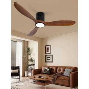 VACILL Wood Flush Mount Ceiling Fan with Light and Remote, 52 inch Low Profile Wooden Fan with 3 Blades, 6 Speed, LED Dimmable, Reversible DC Motor (Dark Brown, Wood)
