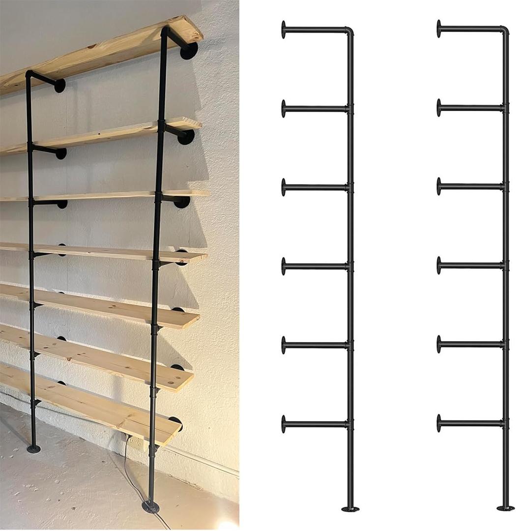 Kaler Industrial Iron Pipe Wall Shelf Brackets, 6-Tier 80 Tall DIY Floating Shelving, Black Farmhouse Vintage Pipe Shelves for Kitchen, Bathroom, Living Room & Office (Hardware Only)