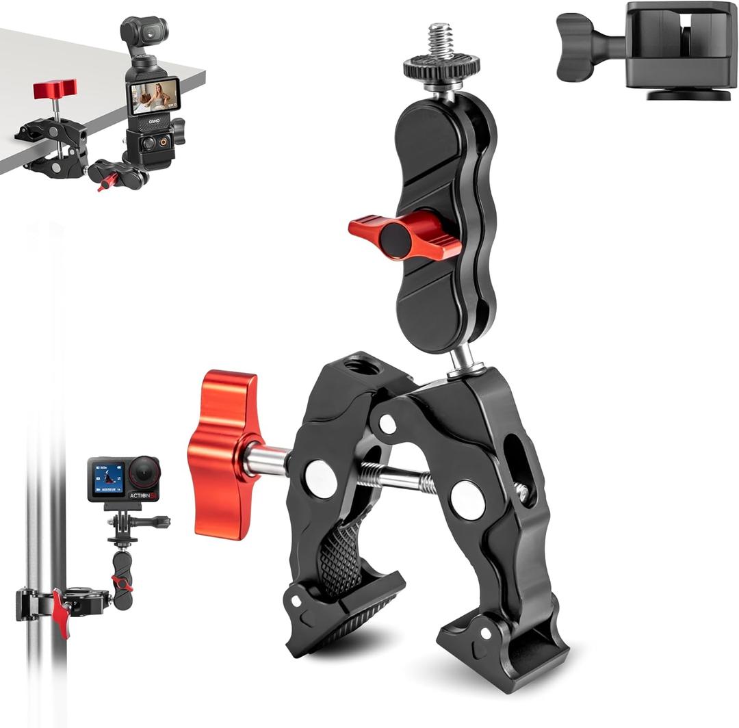 Clamp Mount for DJI Osmo 360 Action 6 Accessories,Mental Camera Super Clamp for DJI Osmo Action 5 pro/4/3,Pocket 3,for GoPro Hero 13/12,for Insta360 X5/X4 with 1/4" Threads Adapter