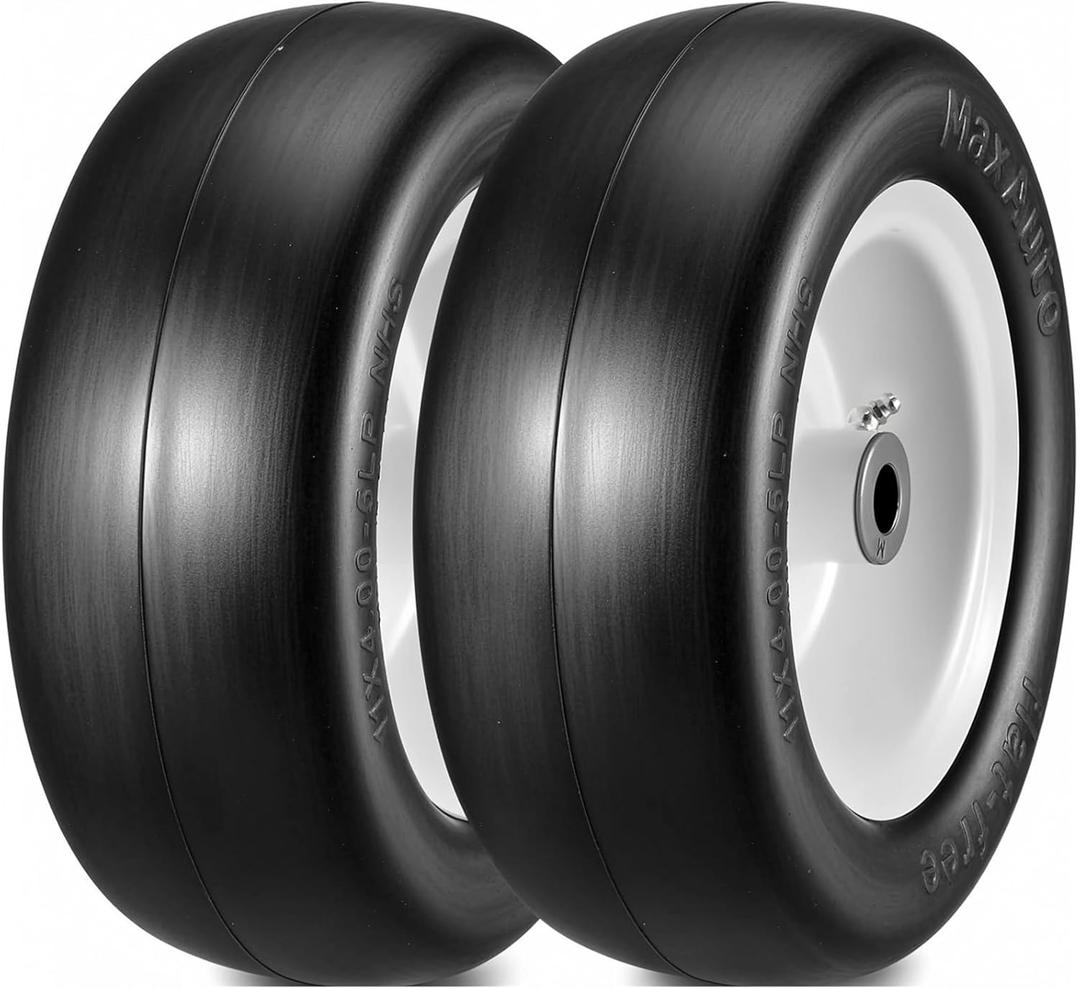 MaxAuto 11x4.005 Lawn Mower Tires Flat Free, Smooth 11x4 5nhs Zero Turn Front Wheels and Tire, 3/4" Bushings, 3" 3.5"4"4.5" Centered Hub, 350lbs Capacity, 2 Pack