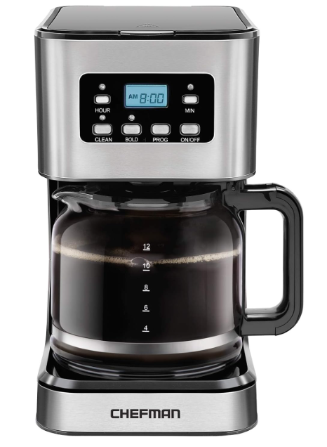 Chefman 12-Cup Programmable Coffee Maker, Electric Brewer, Auto Shut Off, Digital Display w/Auto-Brew Function, Anti-Drip Pot, Reusable Filter for Fresh Grounds, Square Stainless Steel, Glass Carafe